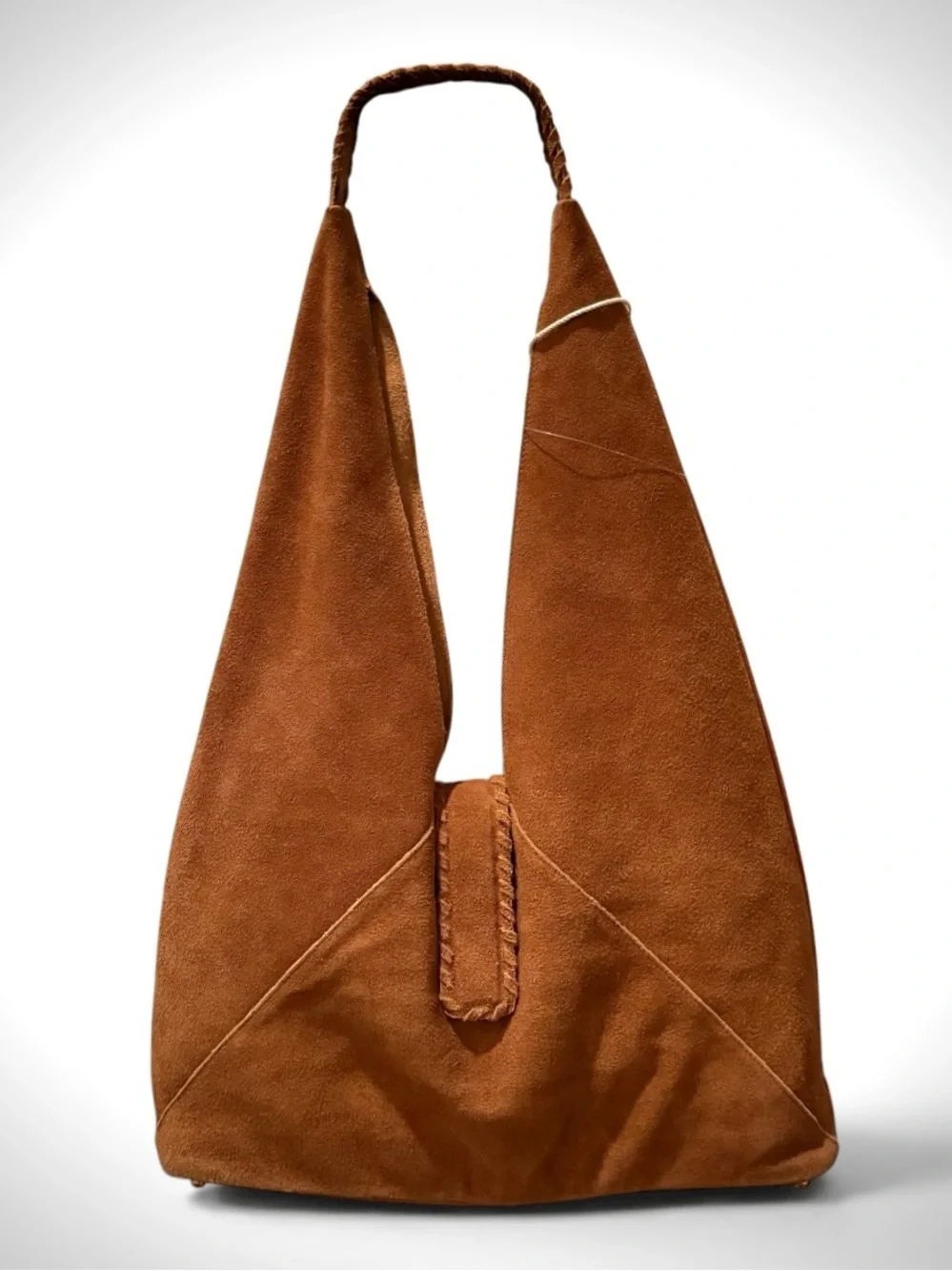 HAUTE HIPPIE STYLE Triangle Hobo Shoulder Bag 100% Genuine Suede Camel NWT Boho - Picture 7 of 16